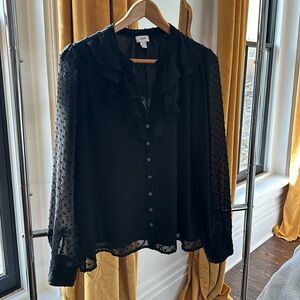 J. Crew blouse with ruffled neck line, sheer arms and velvet polka dots. Size L
